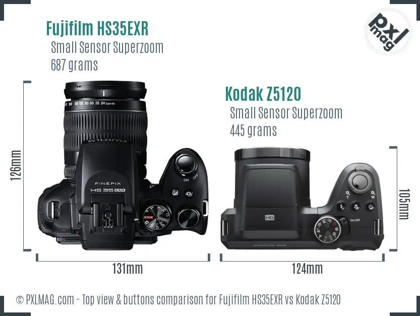 Fujifilm HS35EXR vs Kodak Z5120 top view buttons comparison