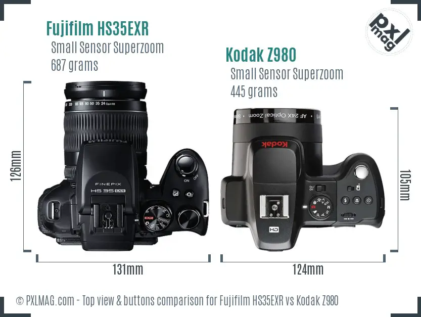 Fujifilm HS35EXR vs Kodak Z980 top view buttons comparison