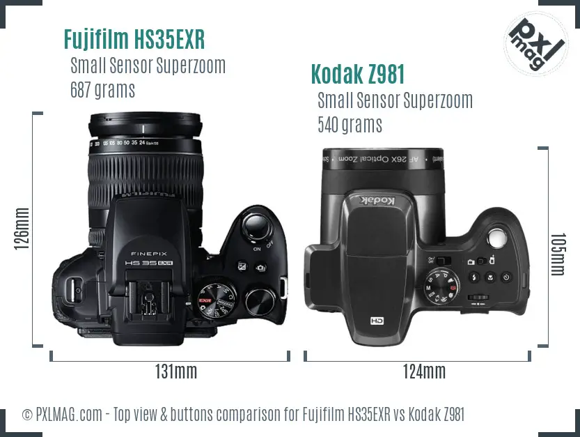 Fujifilm HS35EXR vs Kodak Z981 top view buttons comparison