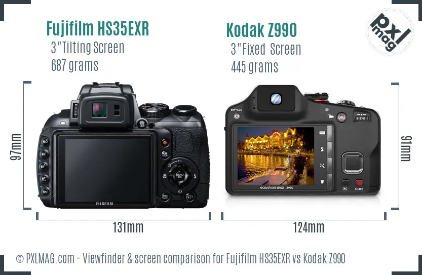 Fujifilm HS35EXR vs Kodak Z990 Screen and Viewfinder comparison
