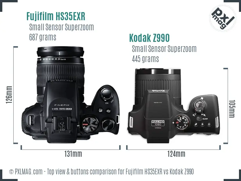 Fujifilm HS35EXR vs Kodak Z990 top view buttons comparison