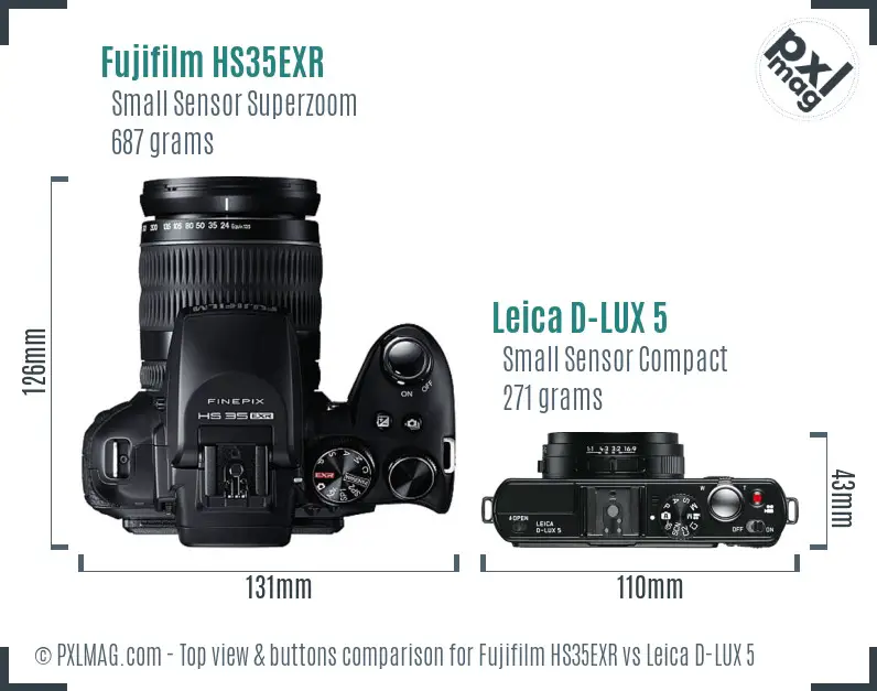 Fujifilm HS35EXR vs Leica D-LUX 5 top view buttons comparison