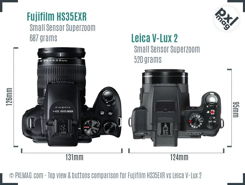 Fujifilm HS35EXR vs Leica V-Lux 2 top view buttons comparison