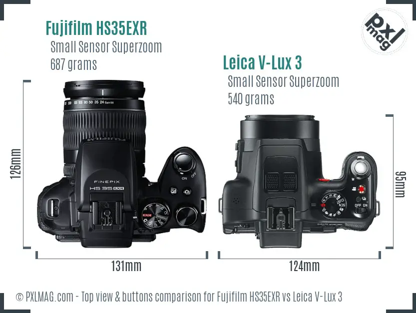 Fujifilm HS35EXR vs Leica V-Lux 3 top view buttons comparison