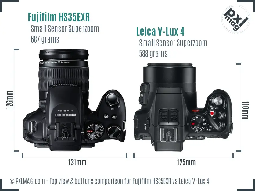 Fujifilm HS35EXR vs Leica V-Lux 4 top view buttons comparison