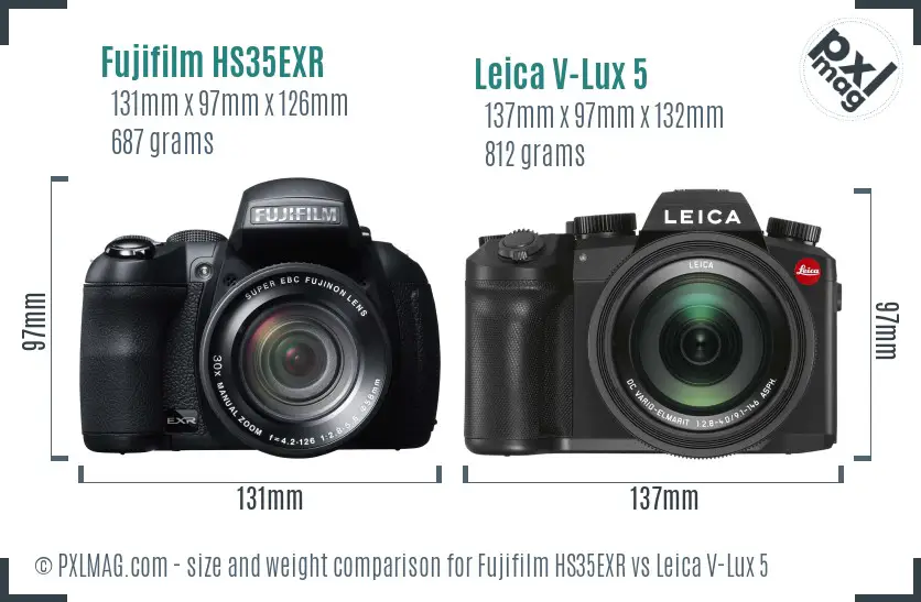 Fujifilm HS35EXR vs Leica V-Lux 5 size comparison Fujifilm HS35EXR vs Leica V-Lux 5 size comparison
