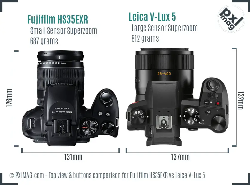 Fujifilm HS35EXR vs Leica V-Lux 5 top view buttons comparison Fujifilm HS35EXR vs Leica V-Lux 5 top view buttons comparison