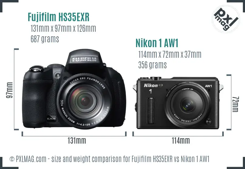 Fujifilm HS35EXR vs Nikon 1 AW1 size comparison