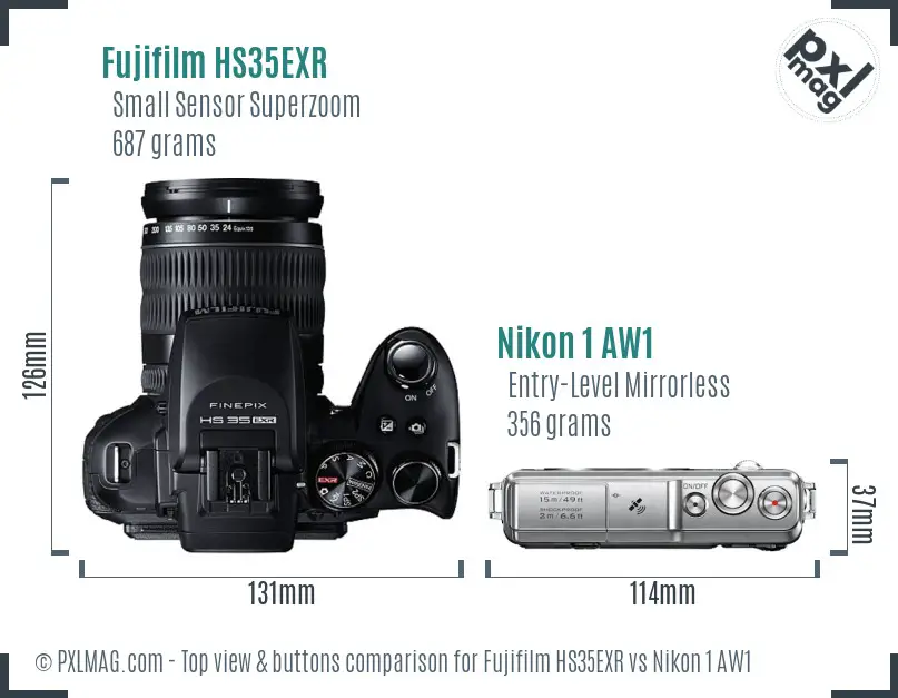 Fujifilm HS35EXR vs Nikon 1 AW1 top view buttons comparison