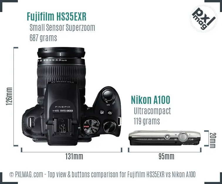 Fujifilm HS35EXR vs Nikon A100 top view buttons comparison