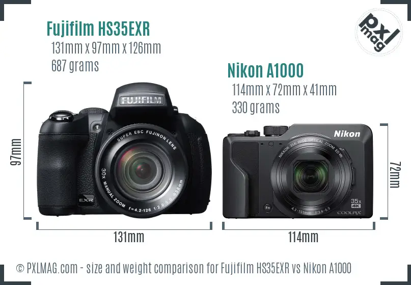 Fujifilm HS35EXR vs Nikon A1000 size comparison