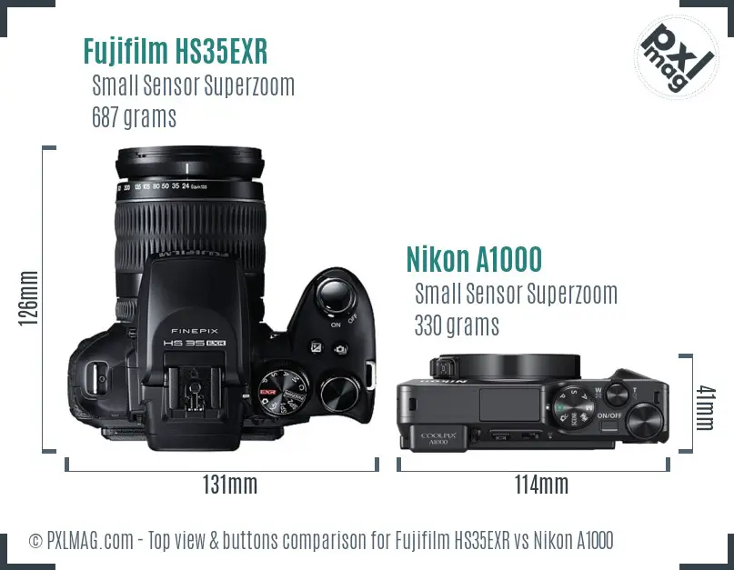 Fujifilm HS35EXR vs Nikon A1000 top view buttons comparison
