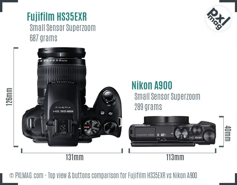 Fujifilm HS35EXR vs Nikon A900 top view buttons comparison