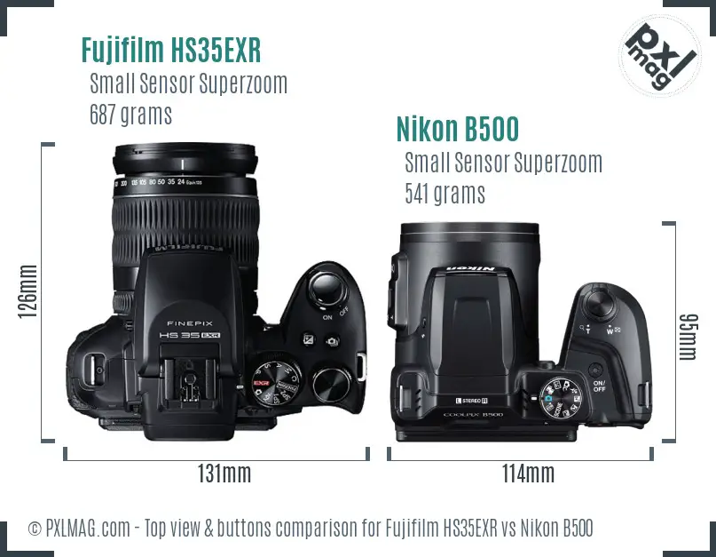 Fujifilm HS35EXR vs Nikon B500 top view buttons comparison