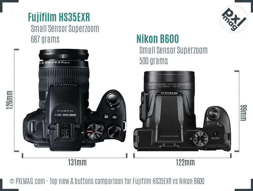 Fujifilm HS35EXR vs Nikon B600 top view buttons comparison