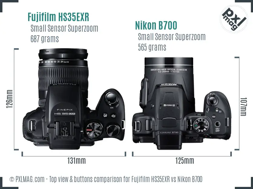 Fujifilm HS35EXR vs Nikon B700 top view buttons comparison