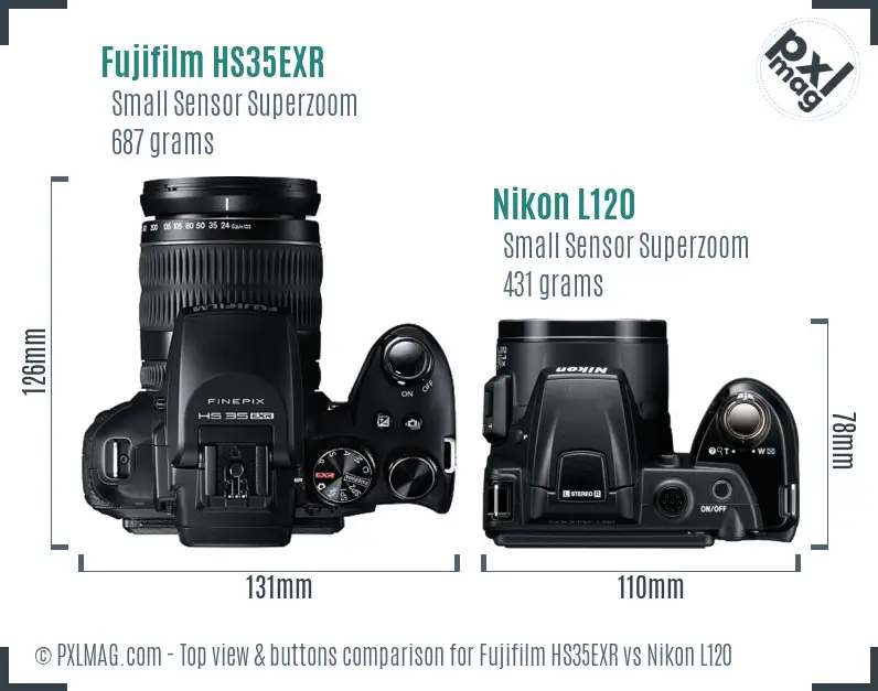 Fujifilm HS35EXR vs Nikon L120 top view buttons comparison