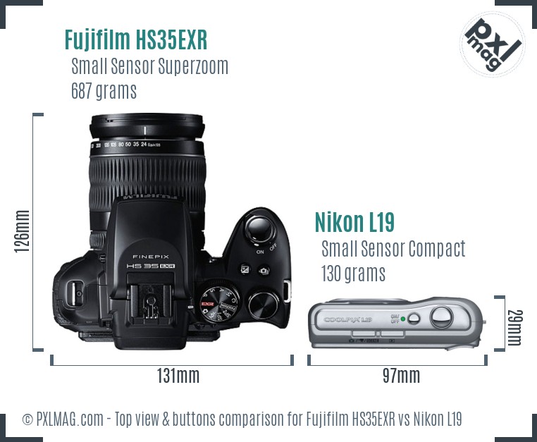 Fujifilm HS35EXR vs Nikon L19 top view buttons comparison