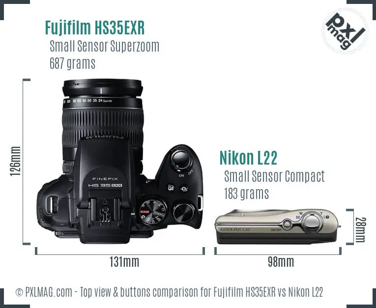 Fujifilm HS35EXR vs Nikon L22 top view buttons comparison