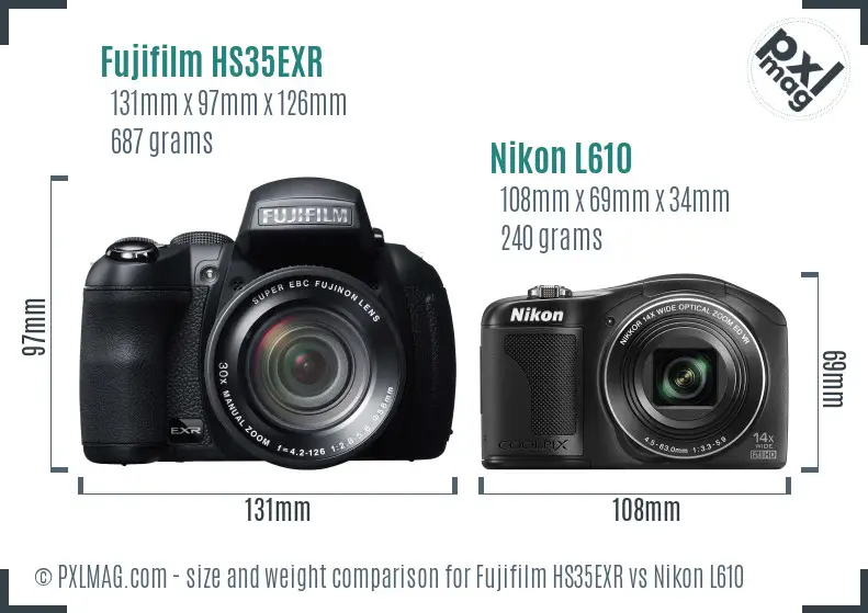Fujifilm HS35EXR vs Nikon L610 size comparison