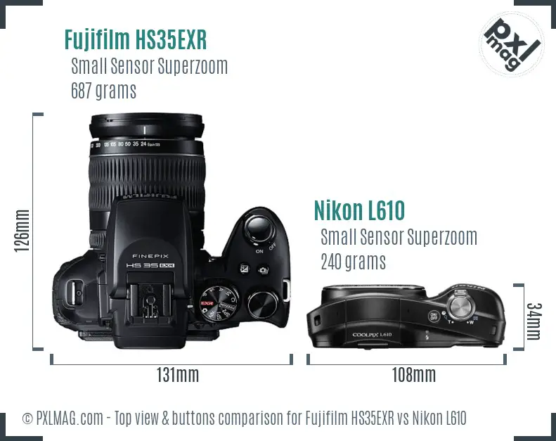 Fujifilm HS35EXR vs Nikon L610 top view buttons comparison