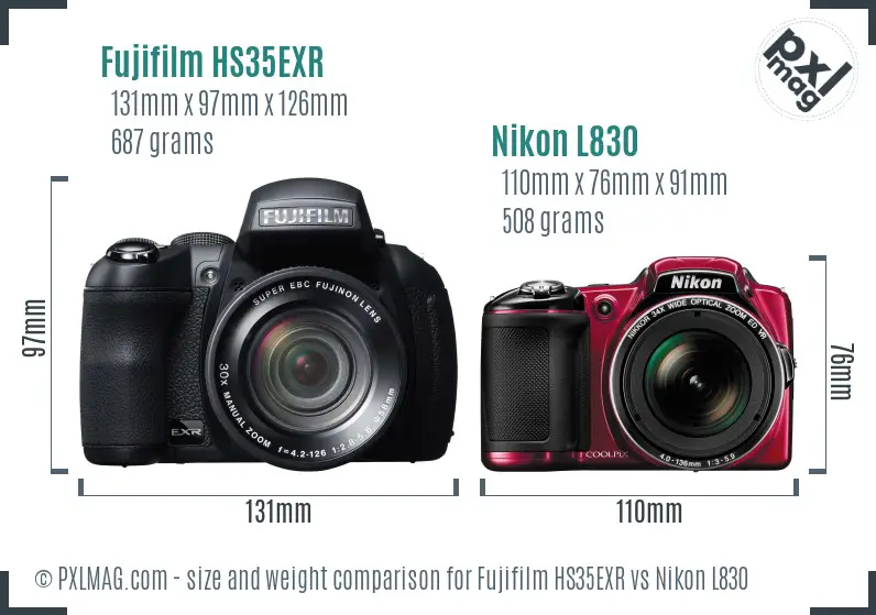 Fujifilm HS35EXR vs Nikon L830 size comparison