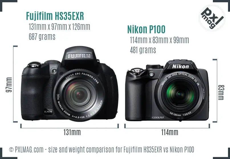 Fujifilm HS35EXR vs Nikon P100 size comparison