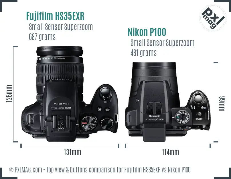 Fujifilm HS35EXR vs Nikon P100 top view buttons comparison