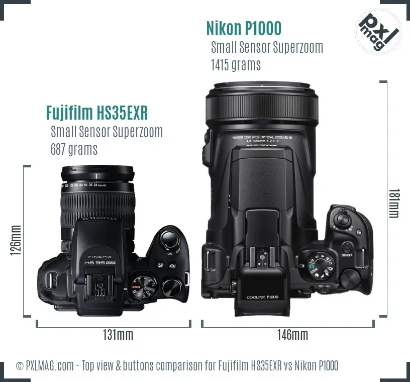 Fujifilm HS35EXR vs Nikon P1000 top view buttons comparison