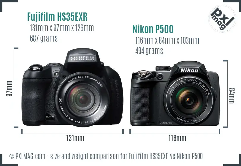 Fujifilm HS35EXR vs Nikon P500 size comparison