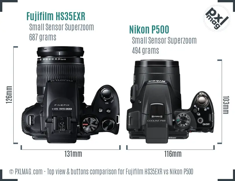 Fujifilm HS35EXR vs Nikon P500 top view buttons comparison