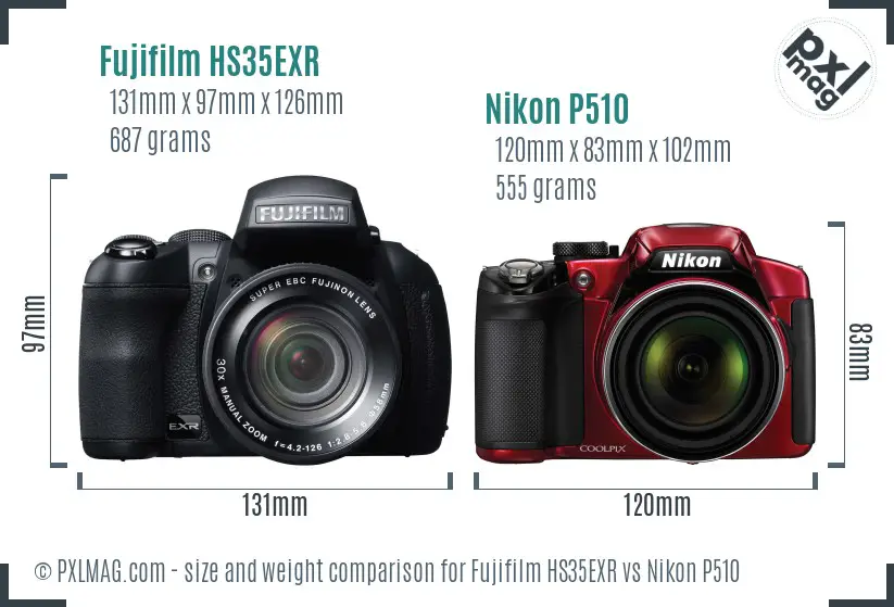 Fujifilm HS35EXR vs Nikon P510 size comparison