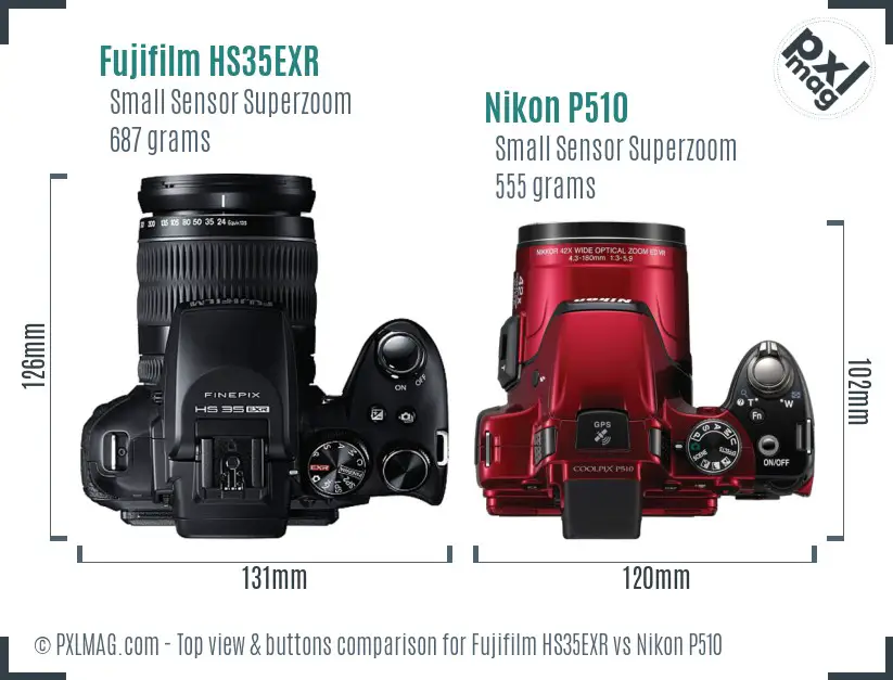 Fujifilm HS35EXR vs Nikon P510 top view buttons comparison