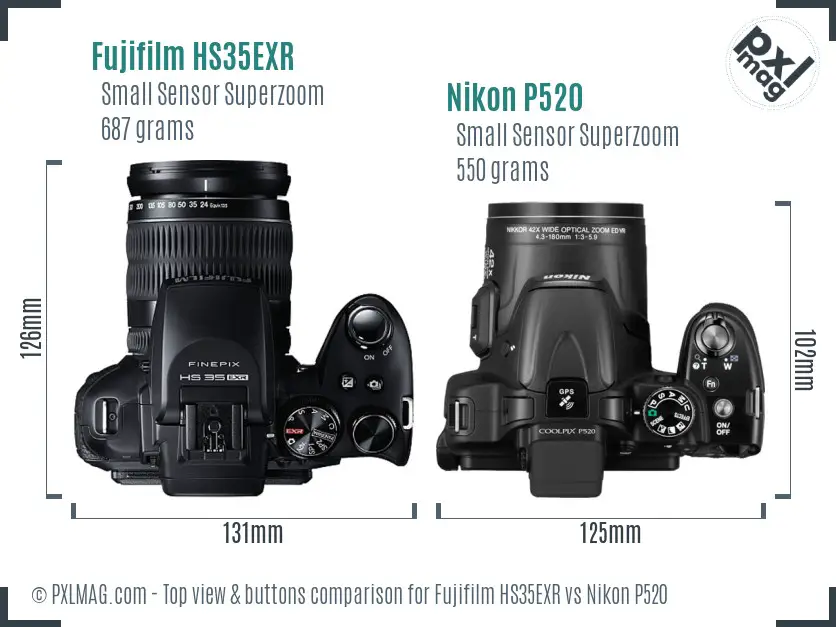 Fujifilm HS35EXR vs Nikon P520 top view buttons comparison
