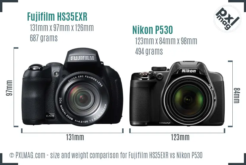 Fujifilm HS35EXR vs Nikon P530 size comparison