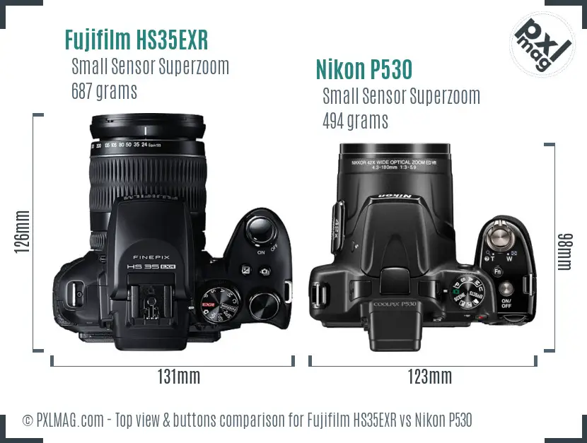 Fujifilm HS35EXR vs Nikon P530 top view buttons comparison