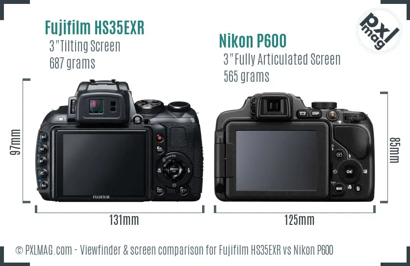 Fujifilm HS35EXR vs Nikon P600 Screen and Viewfinder comparison