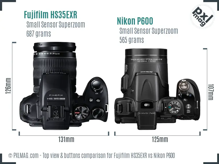 Fujifilm HS35EXR vs Nikon P600 top view buttons comparison