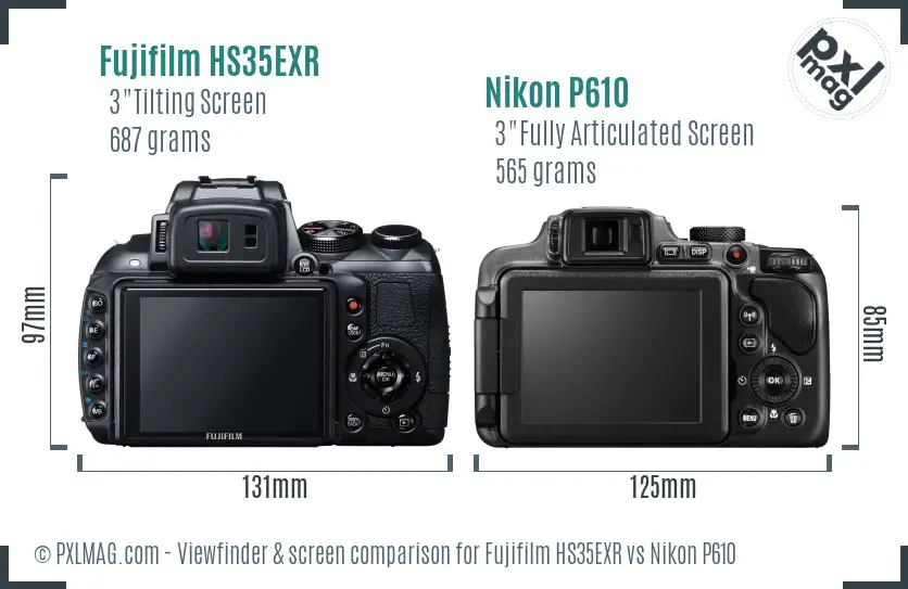 Fujifilm HS35EXR vs Nikon P610 Screen and Viewfinder comparison