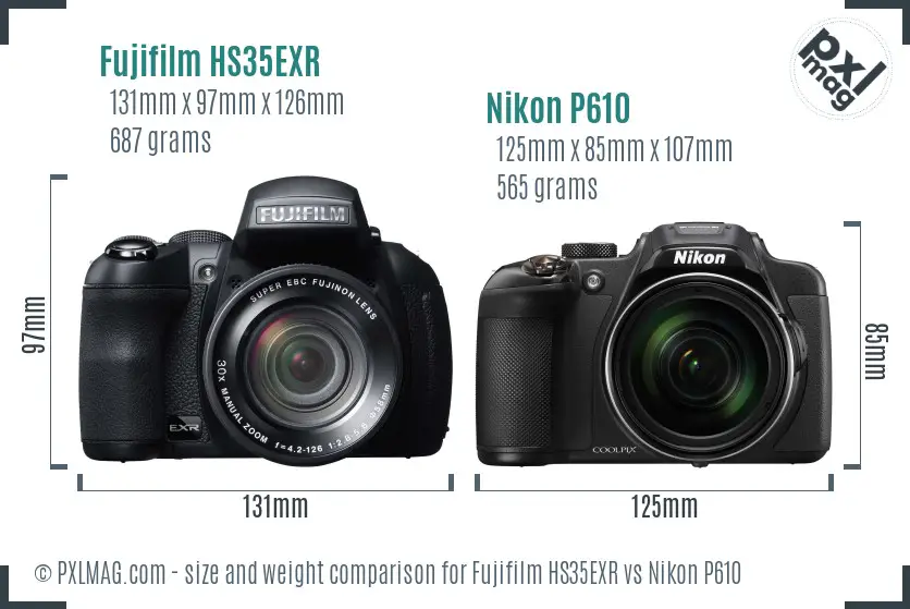 Fujifilm HS35EXR vs Nikon P610 size comparison