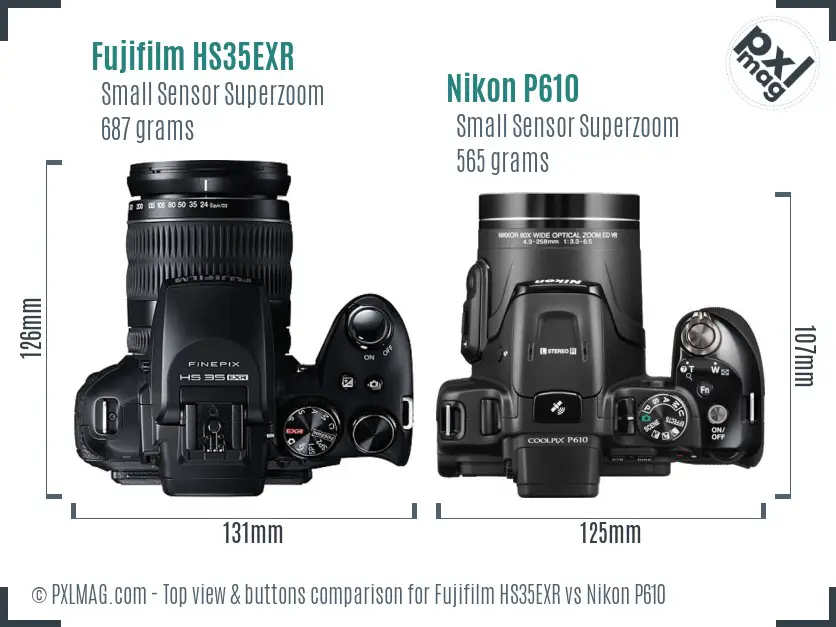 Fujifilm HS35EXR vs Nikon P610 top view buttons comparison