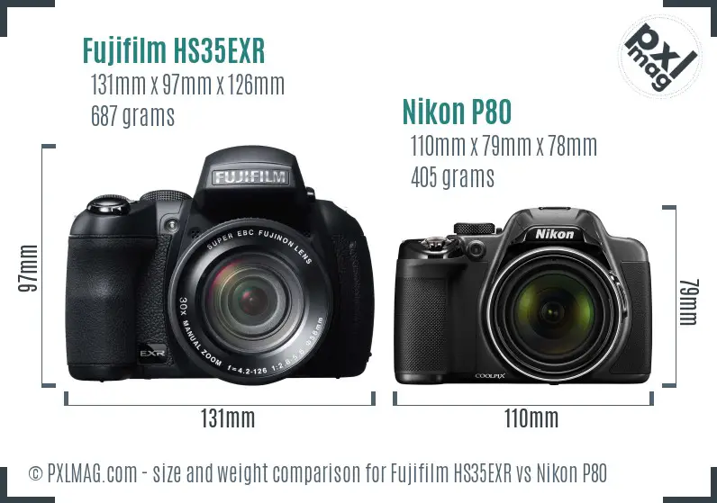 Fujifilm HS35EXR vs Nikon P80 size comparison