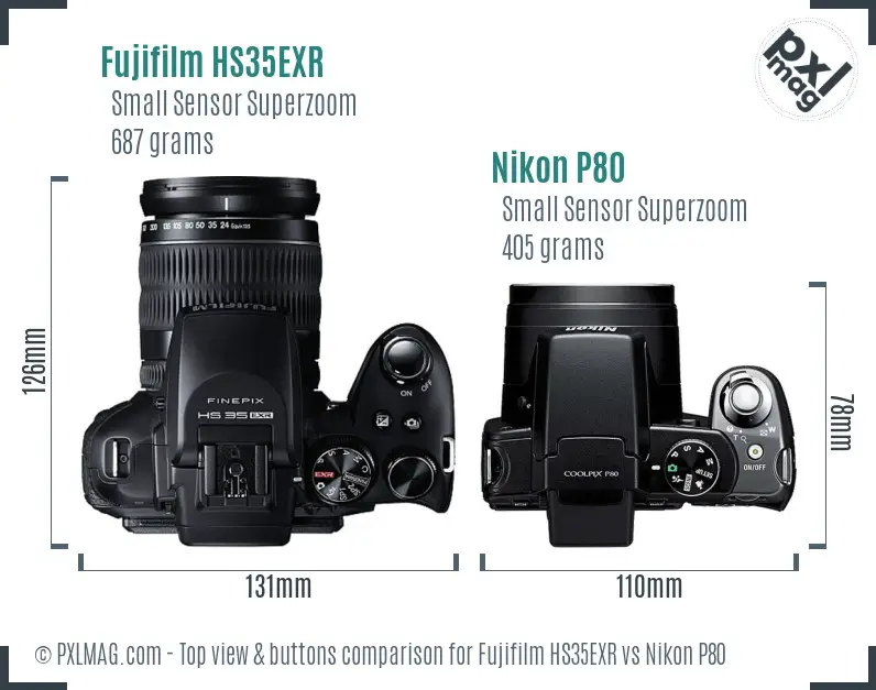 Fujifilm HS35EXR vs Nikon P80 top view buttons comparison