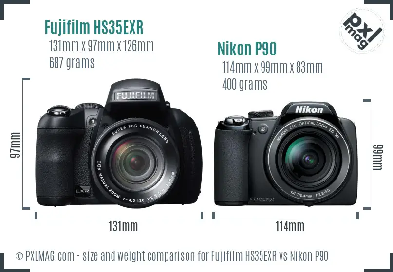 Fujifilm HS35EXR vs Nikon P90 size comparison