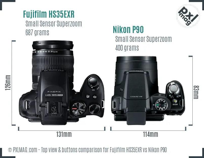 Fujifilm HS35EXR vs Nikon P90 top view buttons comparison