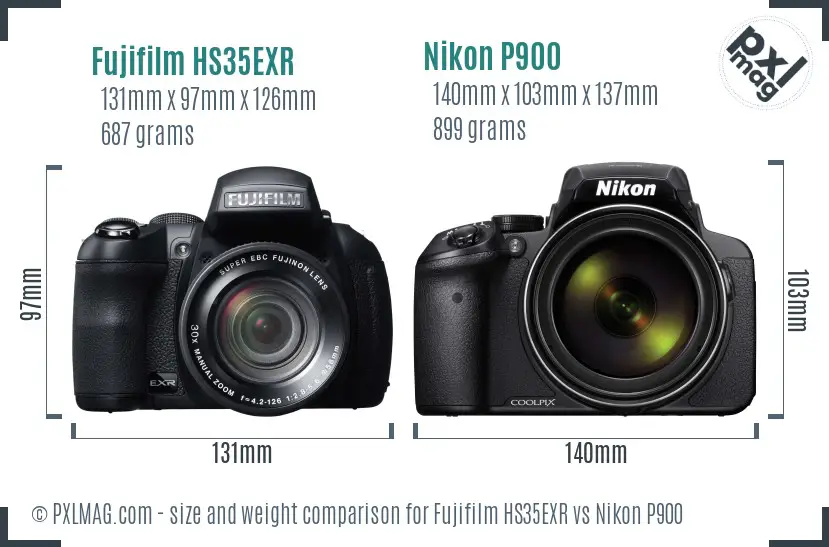 Fujifilm HS35EXR vs Nikon P900 size comparison