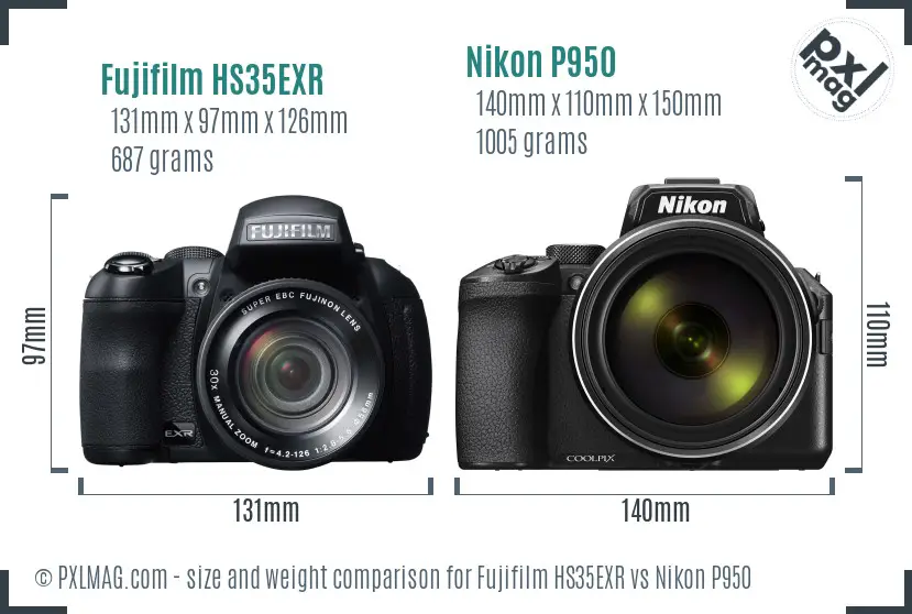 Fujifilm HS35EXR vs Nikon P950 size comparison
