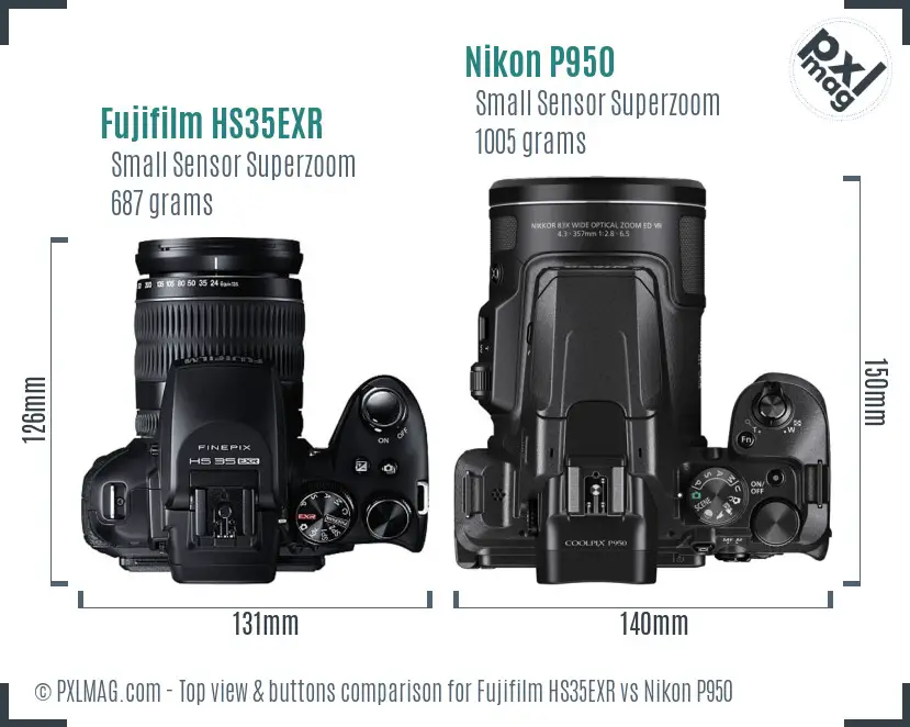 Fujifilm HS35EXR vs Nikon P950 top view buttons comparison