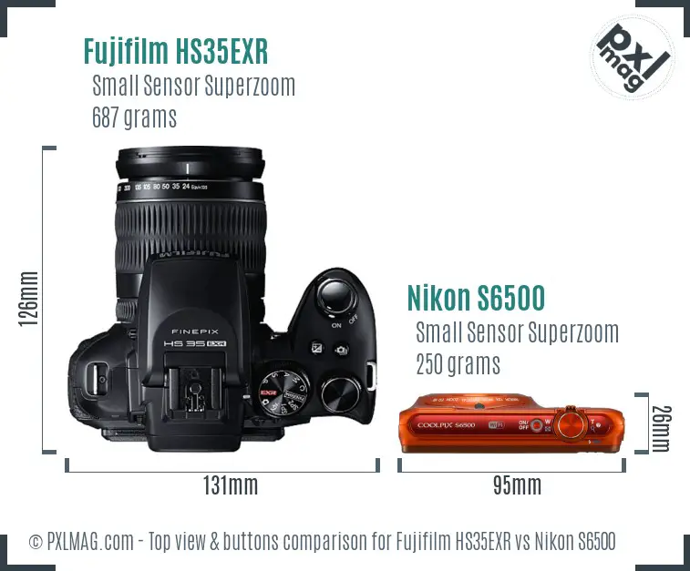 Fujifilm HS35EXR vs Nikon S6500 top view buttons comparison