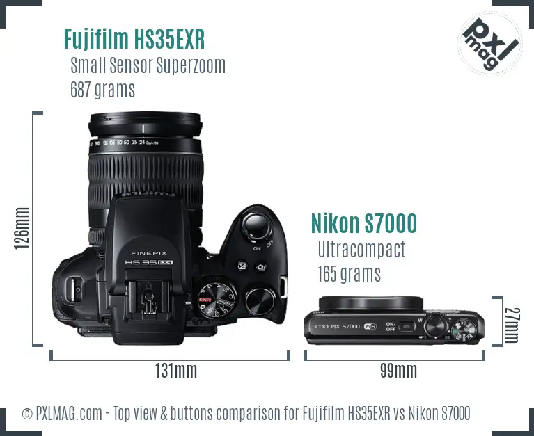 Fujifilm HS35EXR vs Nikon S7000 top view buttons comparison